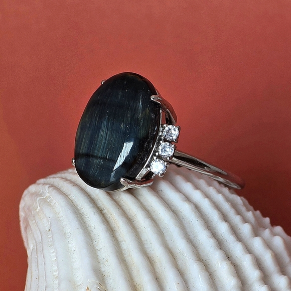 Natural Blue Tiger Eye & CZ 925 Sterling Silver Ring - Picture 10 of 10
